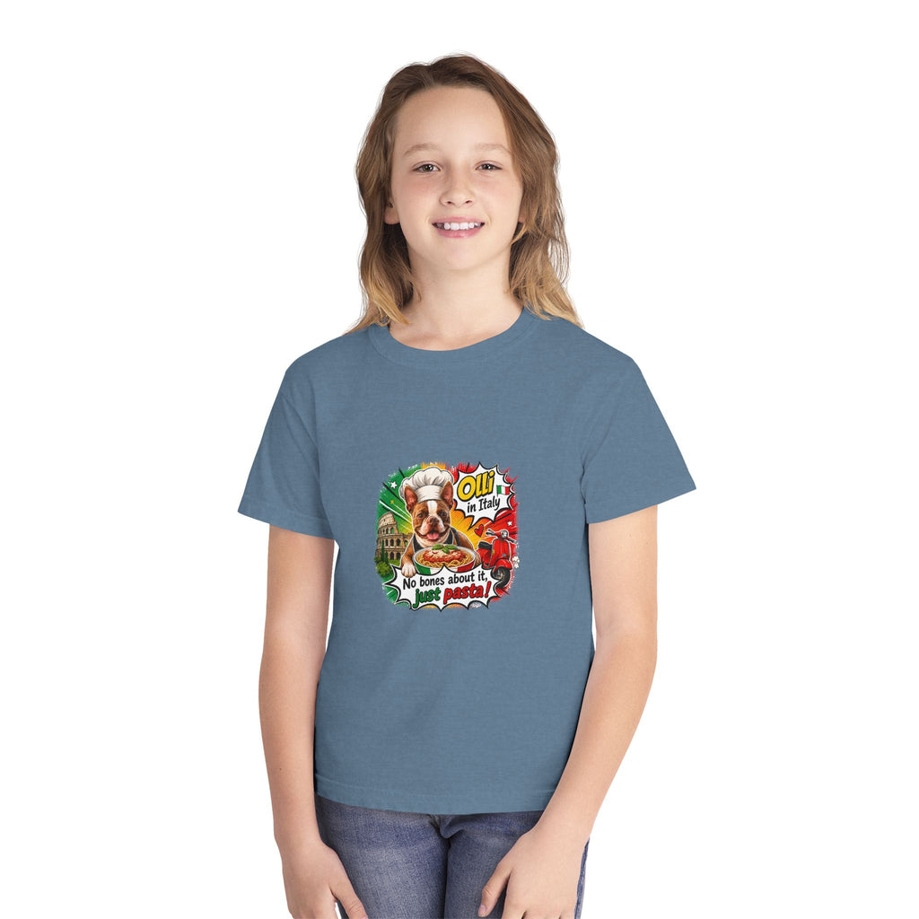 Youth Tee - Cute Olli the Boston Terrier "My Nose Says This Way" Vintage Italian Pizza Chef Graphic
