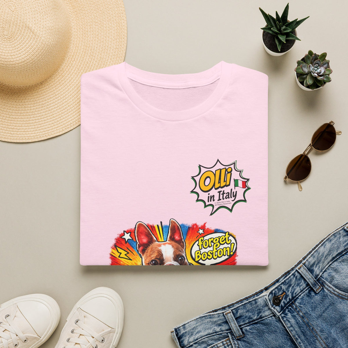Olli in Italy "Forget Boston" Graphic T-Shirt — Colorful Dog Pop Art Tee