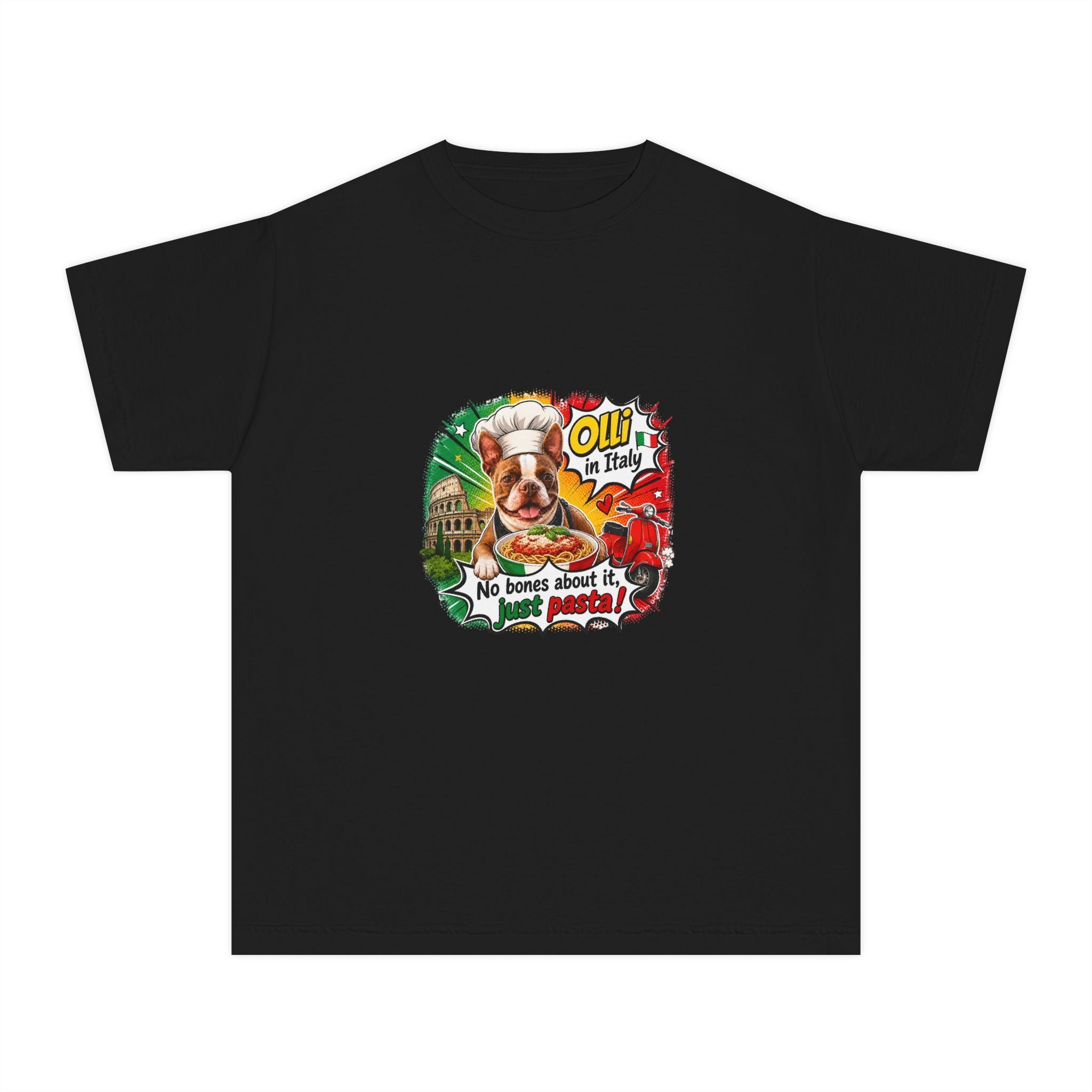 Youth Tee - Cute Olli In Italy Boston Terrier "My Nose Says This Way" Vintage Italian Pizza Chef Graphic