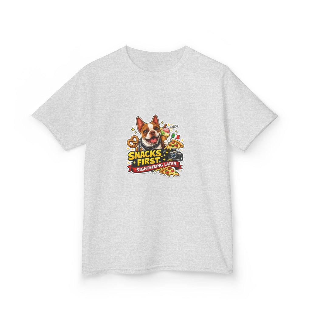 Kids T‑Shirt — "Snacks First" Funny Olli the Boston Terrier Graphic Tee for Children