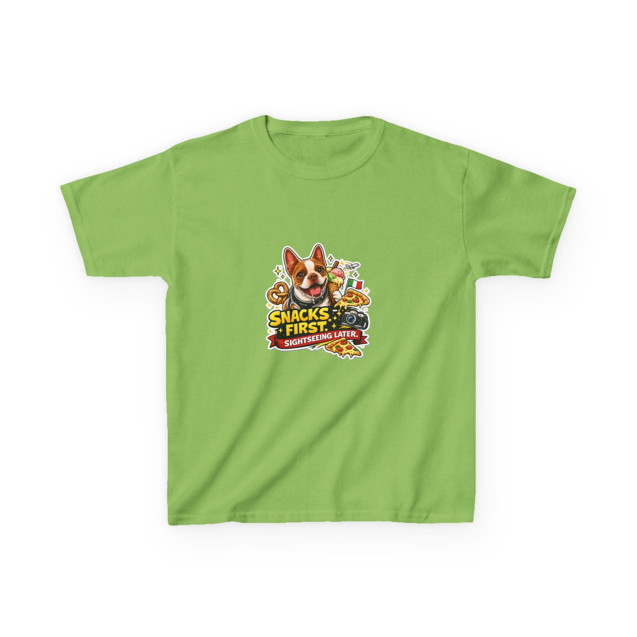 Kids T‑Shirt — "Snacks First" Funny Olli the Boston Terrier Graphic Tee for Children