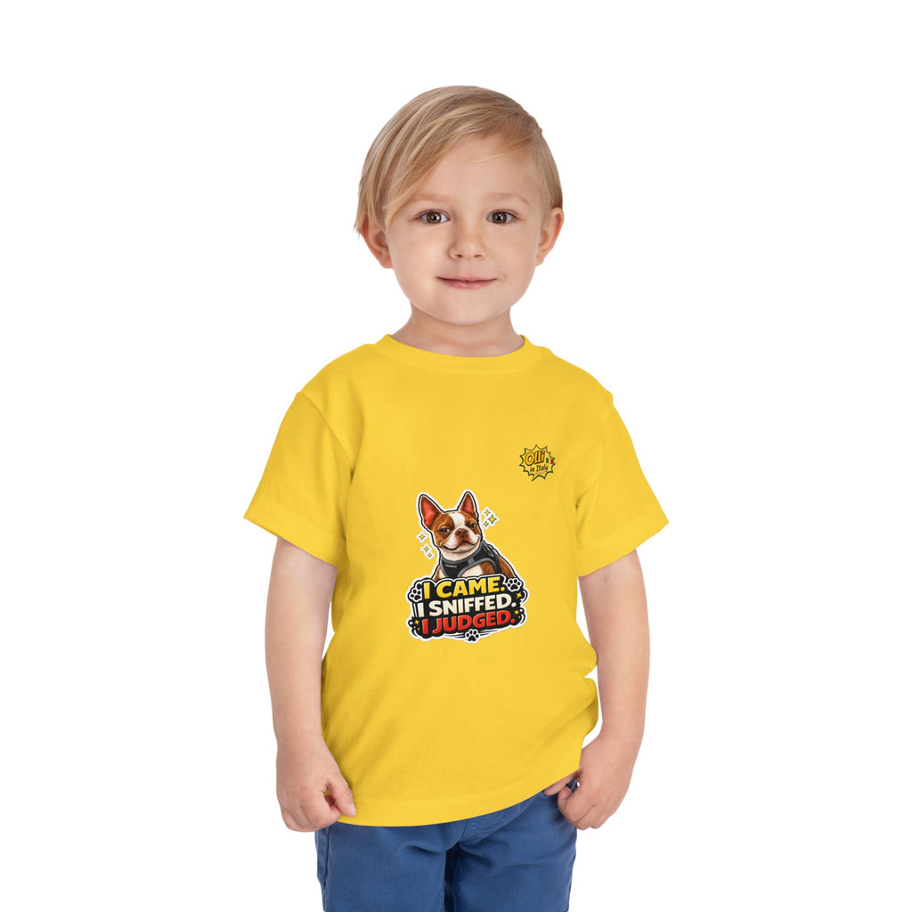 Toddler Tee — Cute Olli the Boston Terrier in Italy "I Came, I Sniffed, I Judged" Graphic