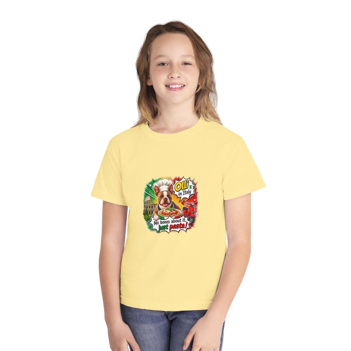 Youth Tee - Cute Olli the Boston Terrier "My Nose Says This Way" Vintage Italian Pizza Chef Graphic