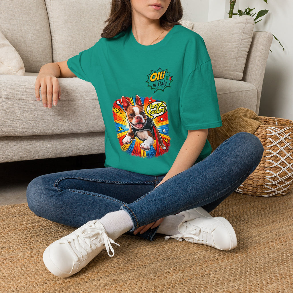 Olli in Italy "Forget Boston" Graphic T-Shirt — Colorful Dog Pop Art Tee