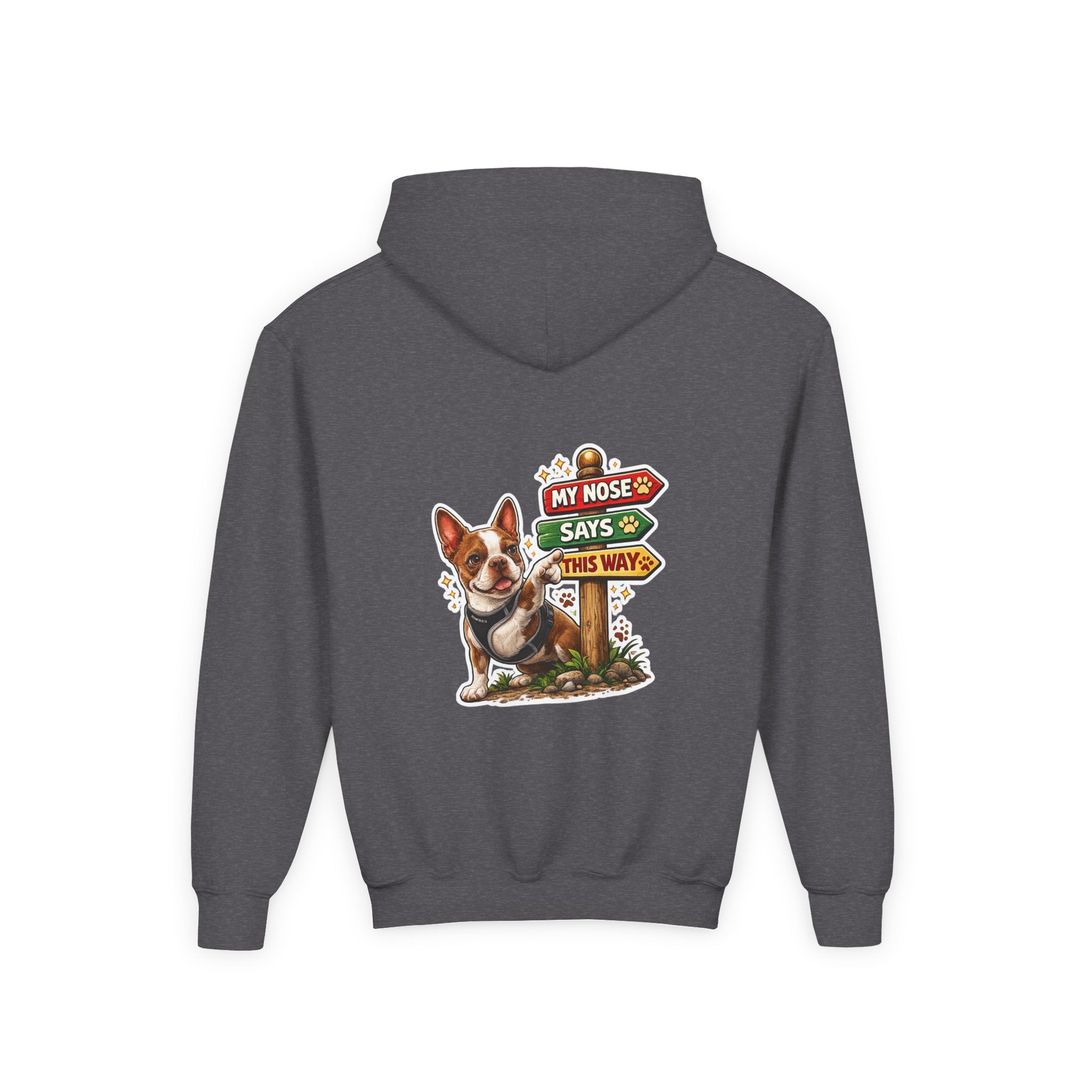 Olli the Boston Terrier in Italy Hoodie — "My Nose Says This Way" Youth Pullover
