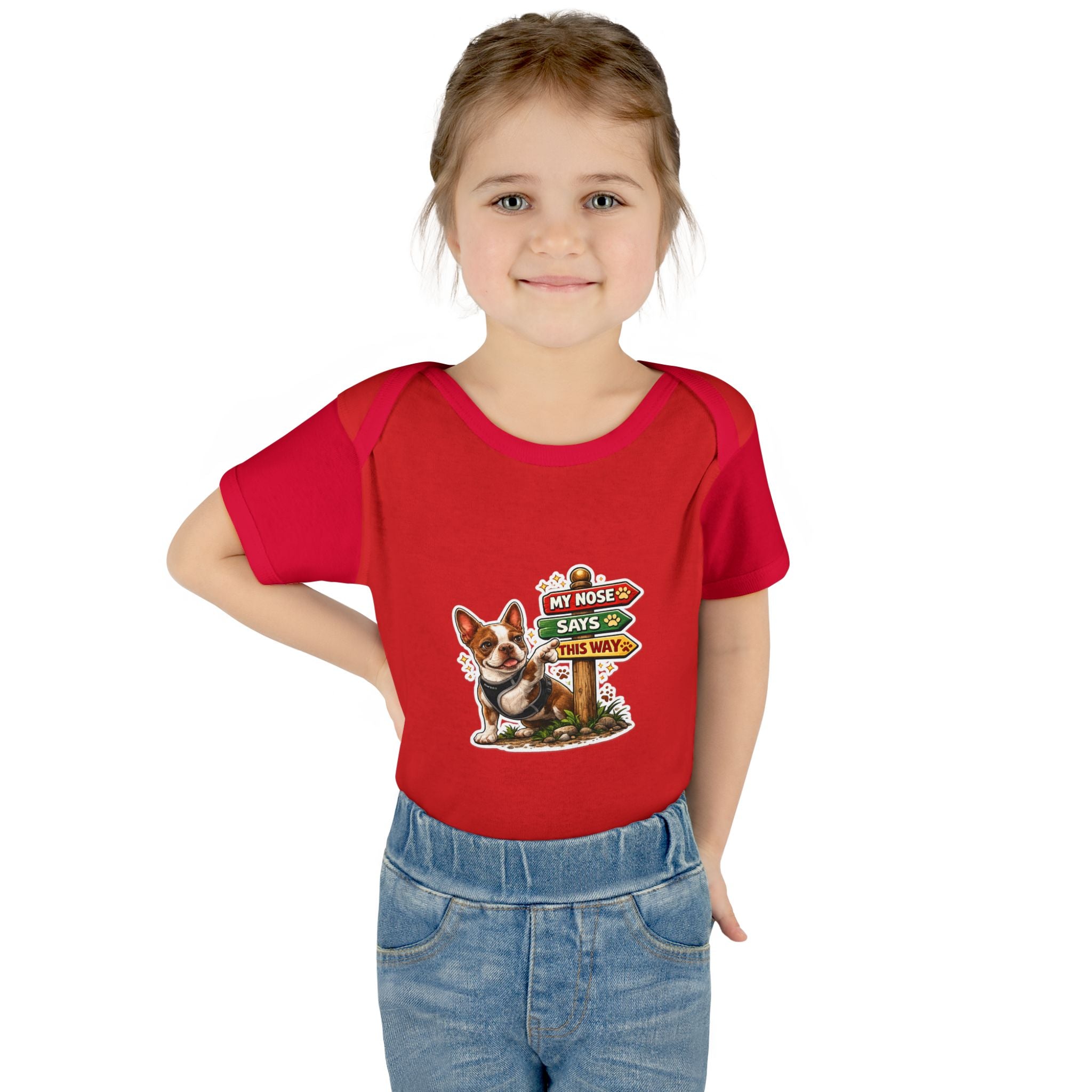 Infant Bodysuit — "My Nose Says This Way" Olli In Italy Boston Terrier Onesie (Front & Back Cute Dog Design)