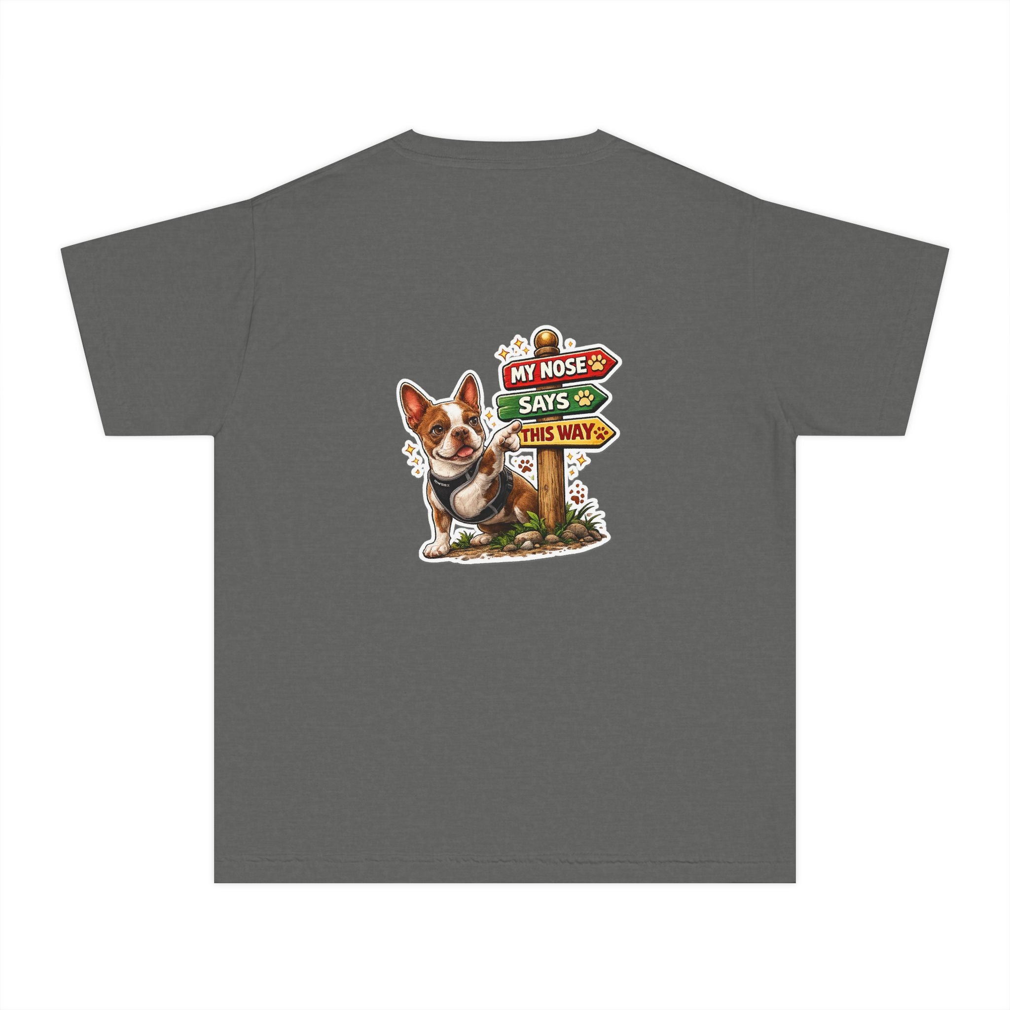Youth Tee - Cute Olli the Boston Terrier "My Nose Says This Way" Vintage Italian Pizza Chef Graphic