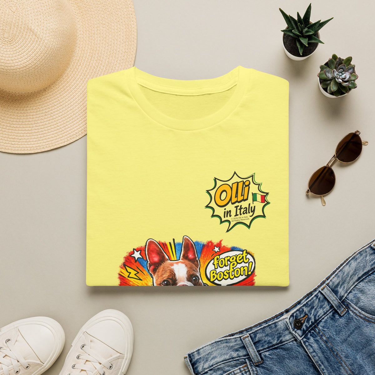 Olli in Italy "Forget Boston" Graphic T-Shirt — Colorful Dog Pop Art Tee