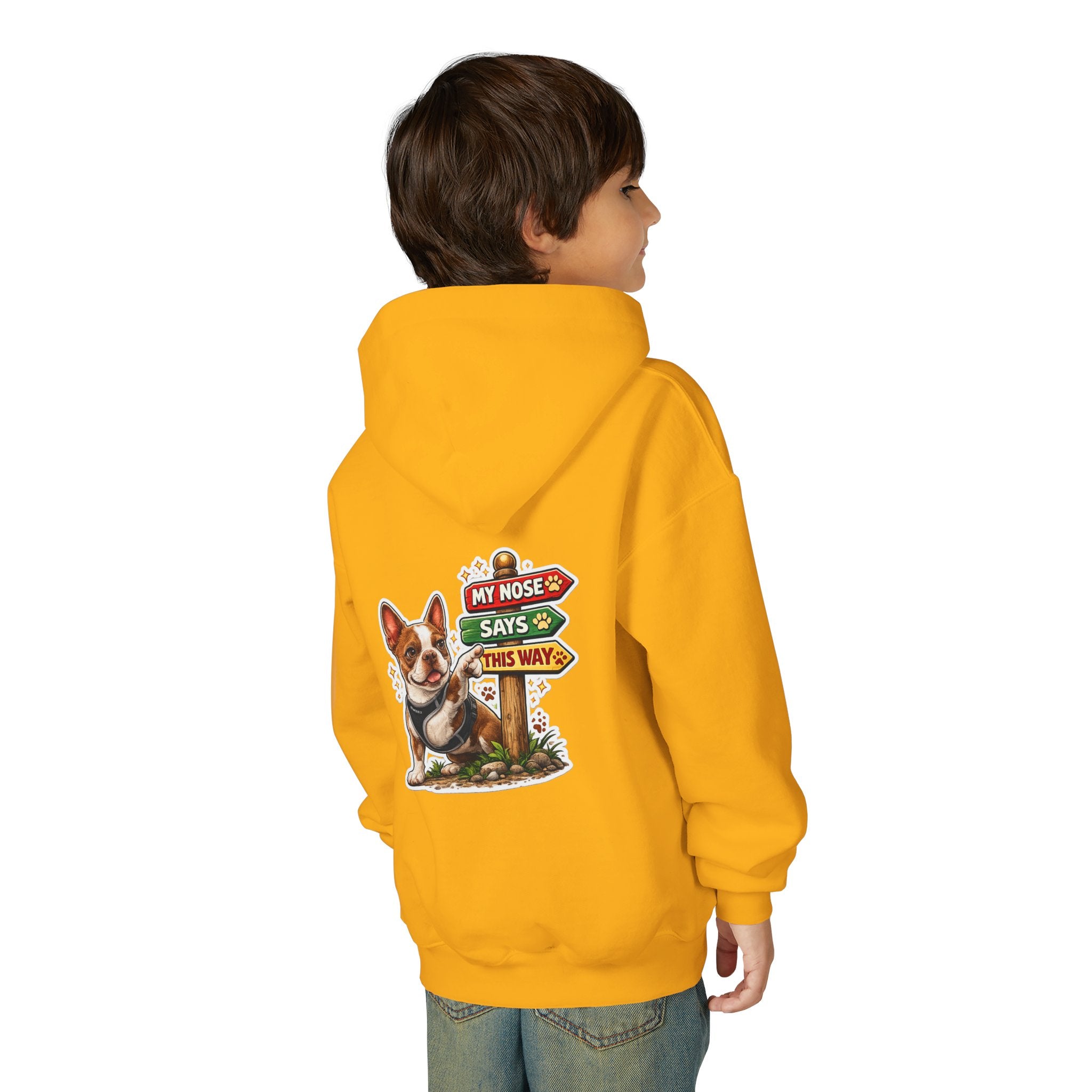 Olli the Boston Terrier in Italy Hoodie — "My Nose Says This Way" Youth Pullover