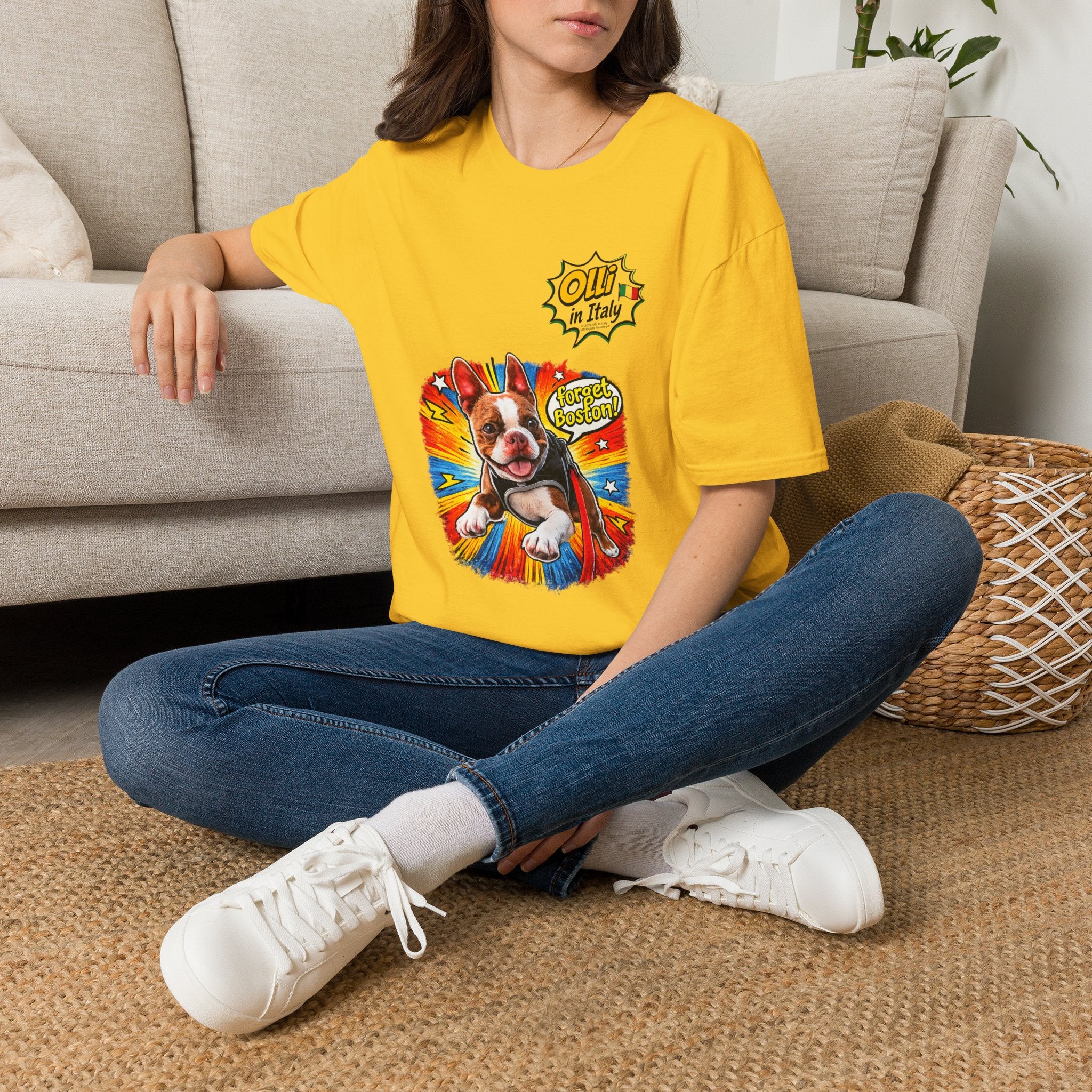 Olli in Italy "Forget Boston" Graphic T-Shirt — Colorful Dog Pop Art Tee