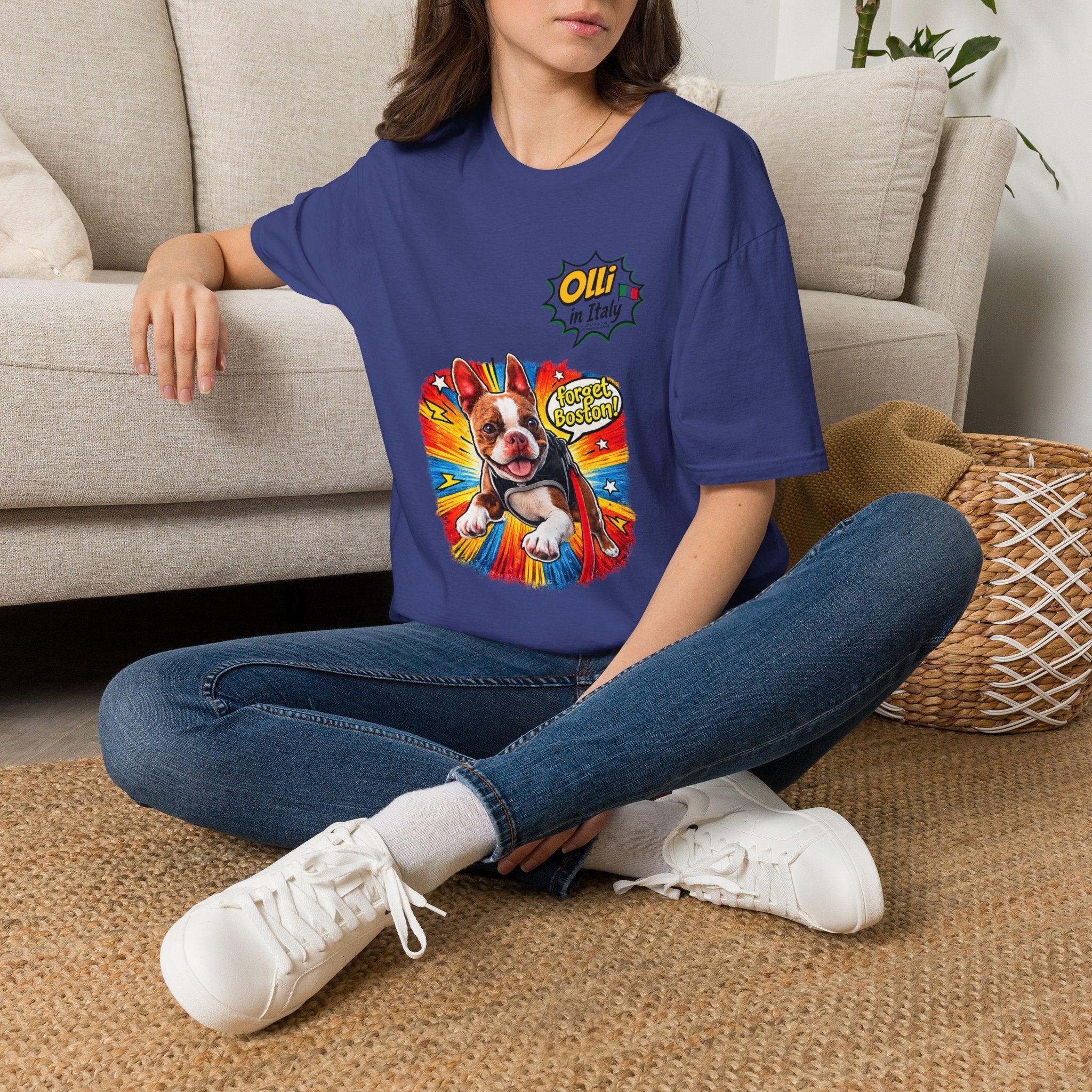 Olli in Italy "Forget Boston" Graphic T-Shirt — Colorful Dog Pop Art Tee
