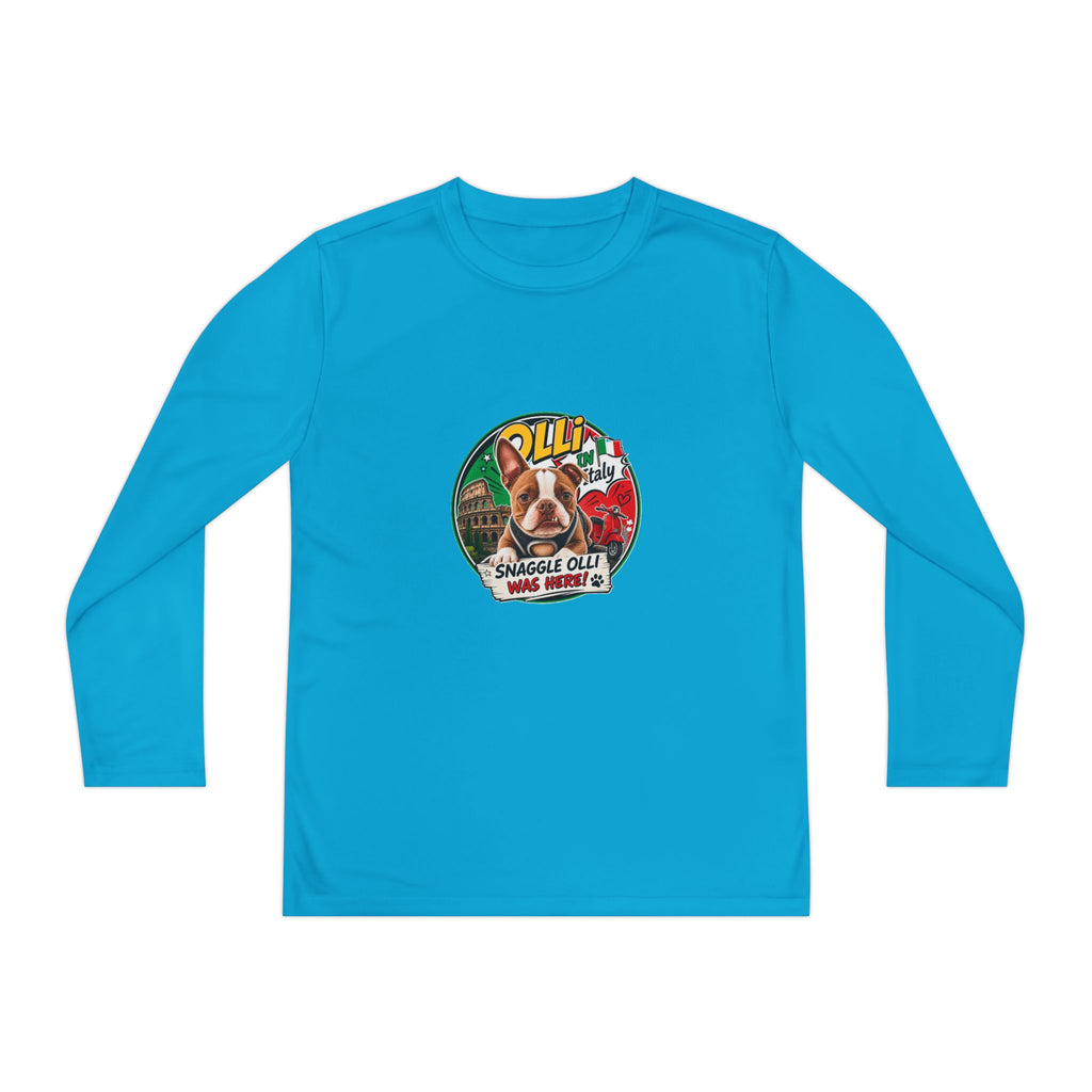 Olli the Boston Terrier in Italy Youth Long Sleeve Tee — "Olli" Surf Rescue Graphic