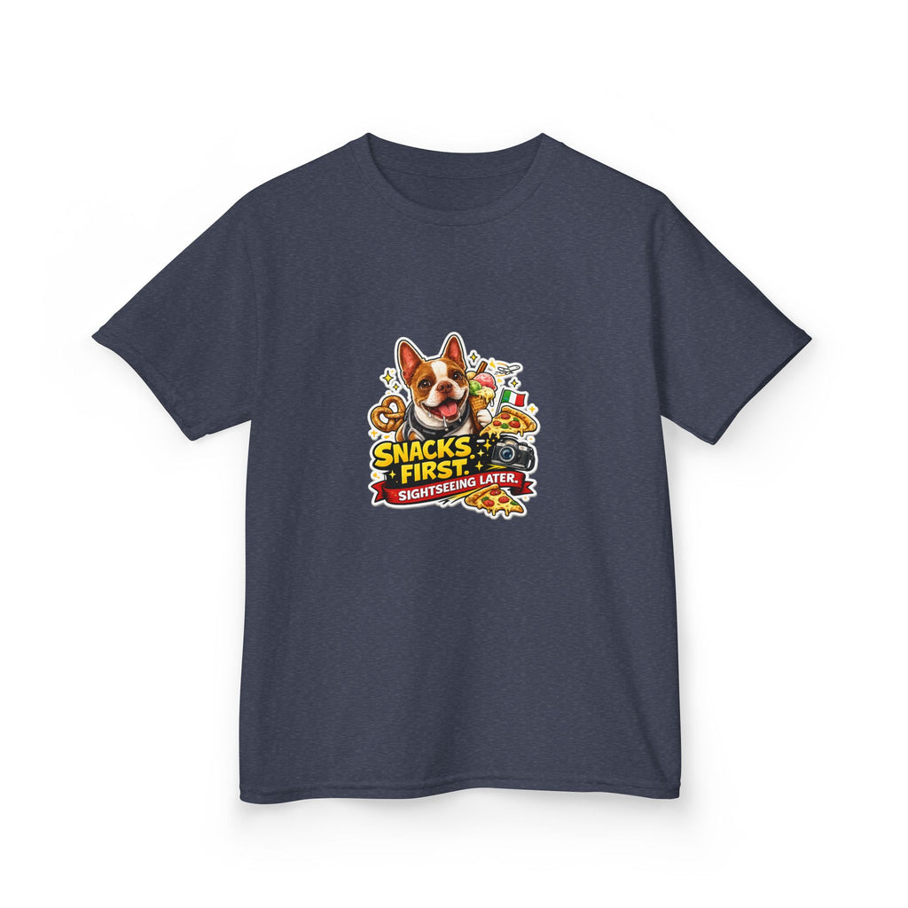 Kids T‑Shirt — "Snacks First" Funny Olli the Boston Terrier Graphic Tee for Children
