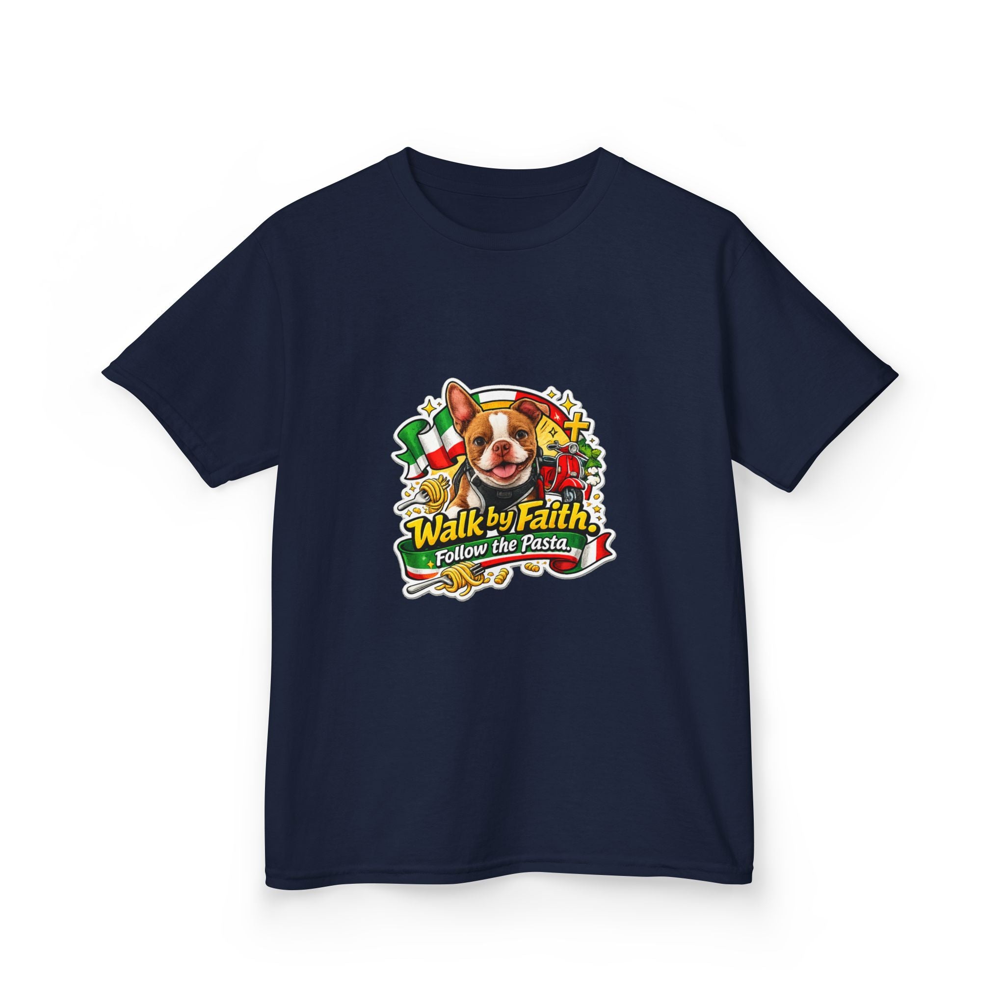 Kids T‑Shirt — “Walk by Faith, Follow the Path” Cute Olli the Boston Terrier In Italy Dog Faith Graphic