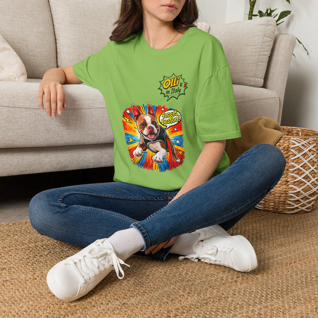 Olli in Italy "Forget Boston" Graphic T-Shirt — Colorful Dog Pop Art Tee