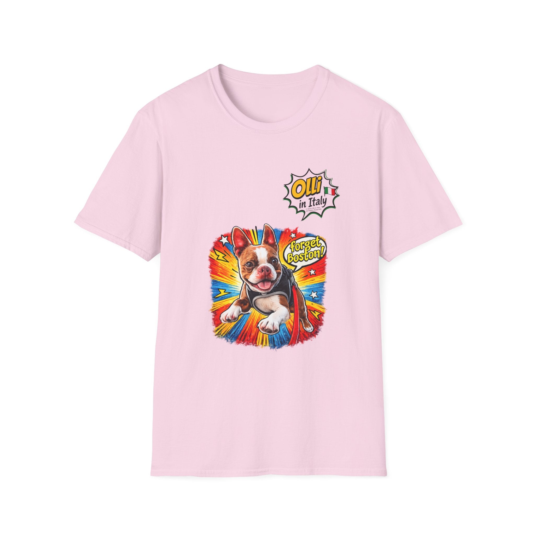 Olli in Italy "Forget Boston" Graphic T-Shirt — Colorful Dog Pop Art Tee