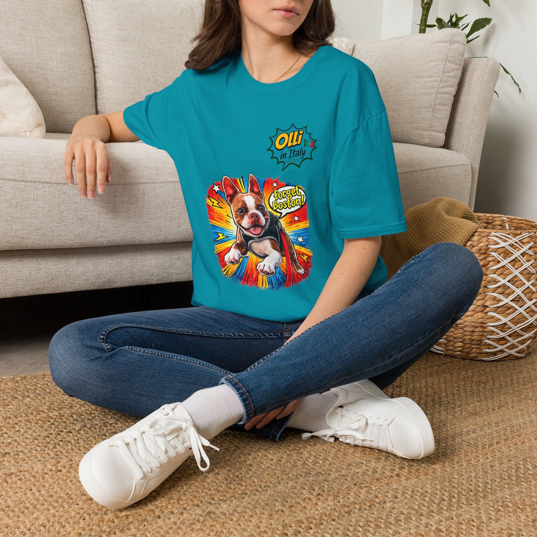 Olli in Italy "Forget Boston" Graphic T-Shirt — Colorful Dog Pop Art Tee