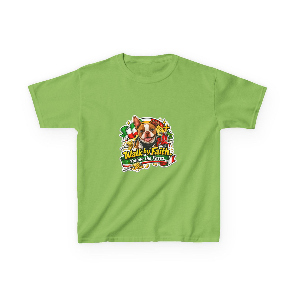 Kids T‑Shirt — “Walk by Faith, Follow the Pasta ” Cute Olli the Boston Terrier Faith Graphic