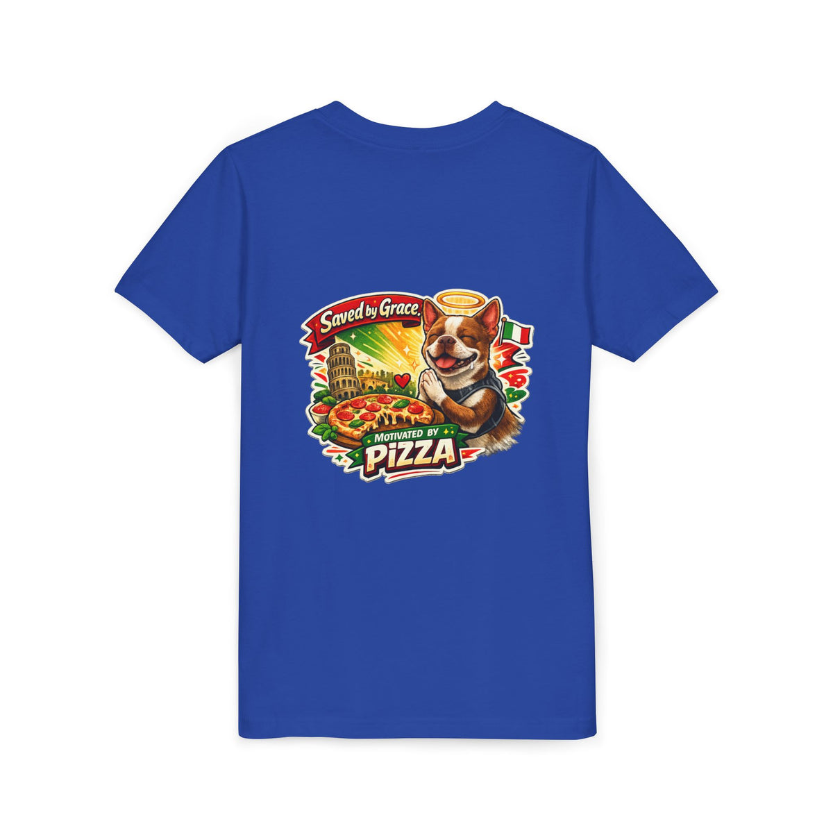 Kids' Pizza Olli the Boston Terrier Tee — "Saved by Grace" Funny Italian Pizza Youth Shirt