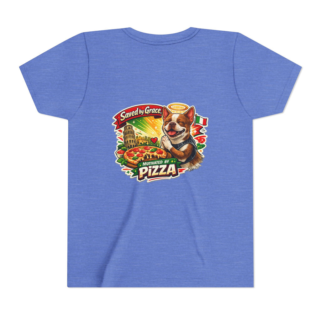 Kids' Pizza Olli the Boston Terrier Tee — "Saved by Grace" Funny Italian Pizza Youth Shirt