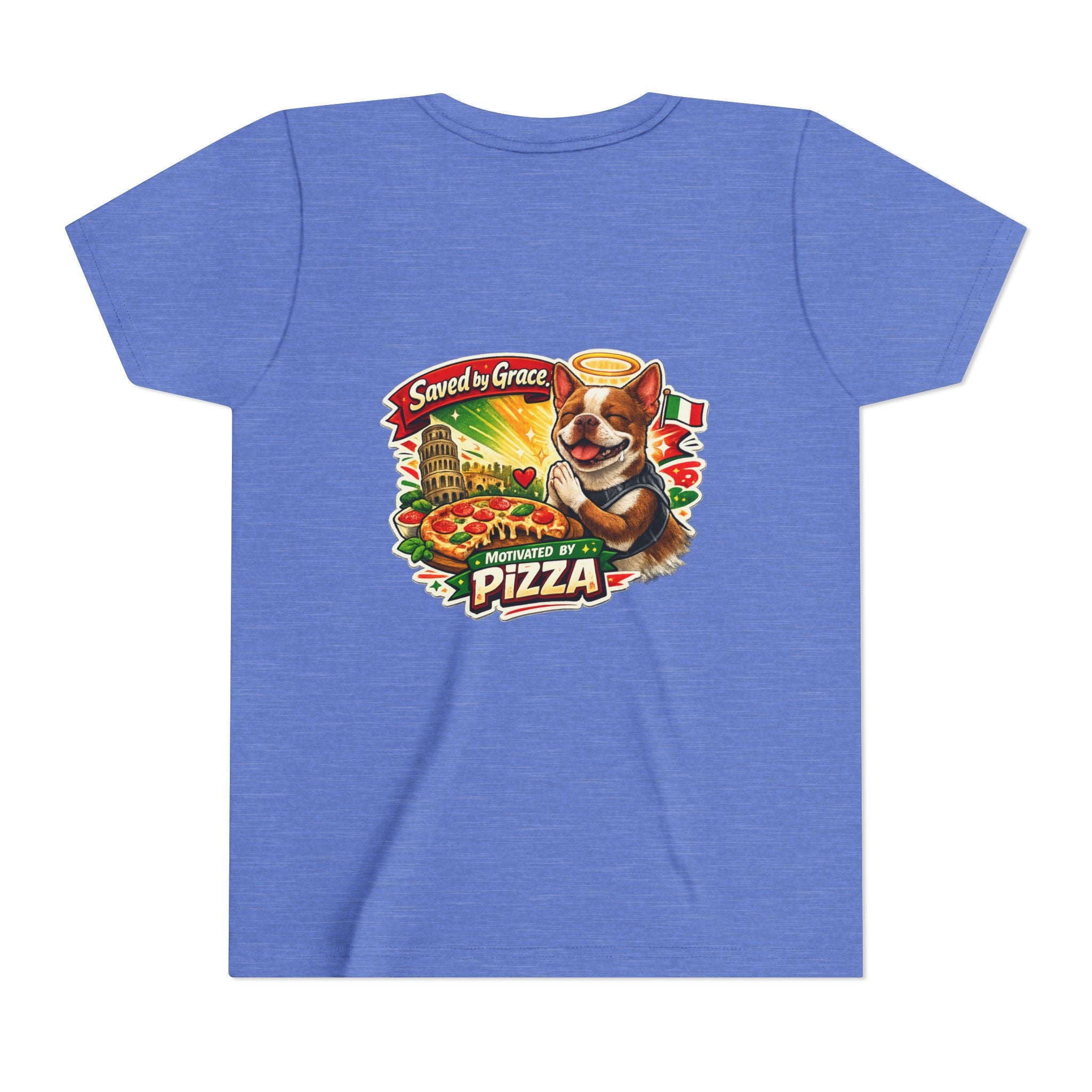 Kids' Pizza Olli the Boston Terrier Tee — "Saved by Grace" Funny Italian Pizza Youth Shirt