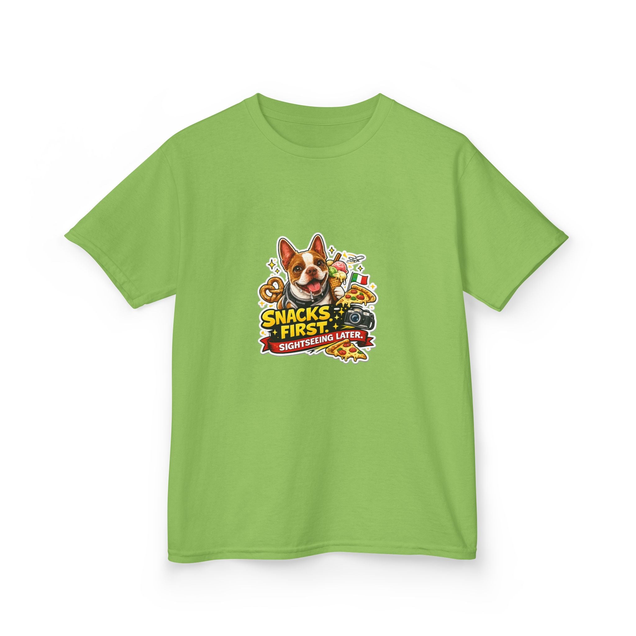 Kids T‑Shirt — "Snacks First" Funny Olli the Boston Terrier Graphic Tee for Children
