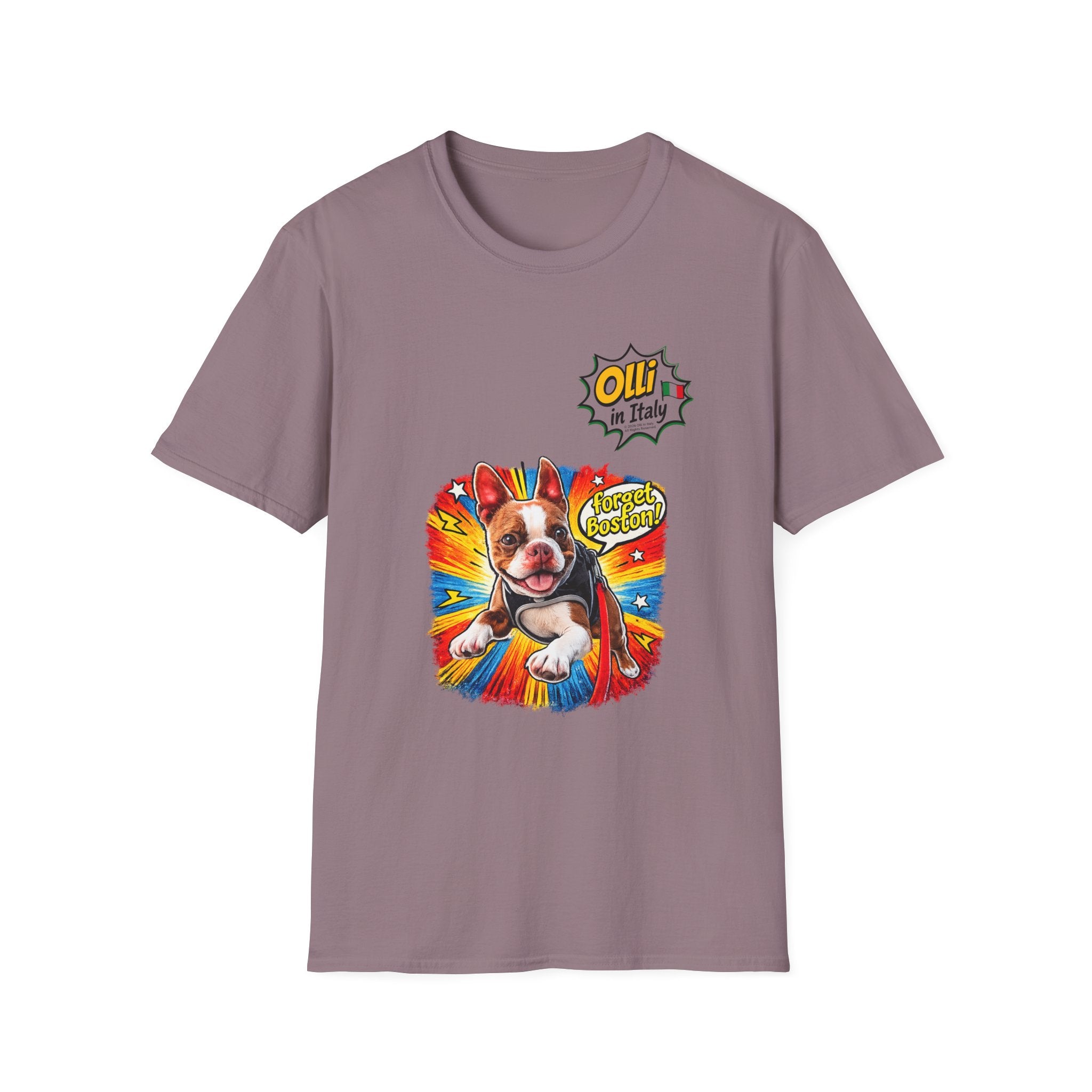 Olli in Italy "Forget Boston" Graphic T-Shirt — Colorful Dog Pop Art Tee