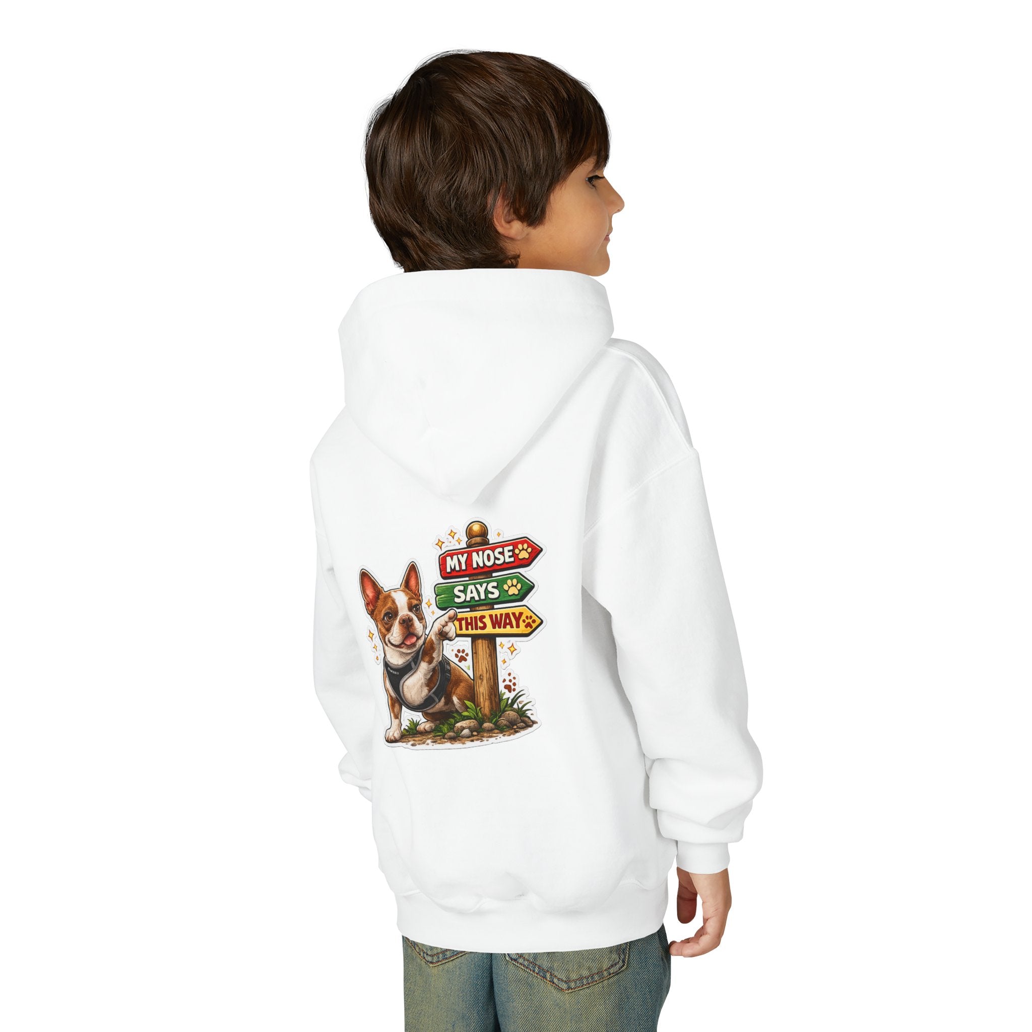 Olli the Boston Terrier in Italy Hoodie — "My Nose Says This Way" Youth Pullover