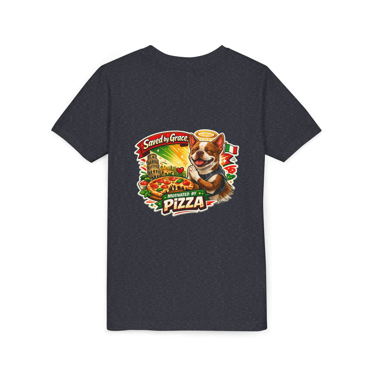 Kids' Pizza Olli the Boston Terrier Tee — "Saved by Grace" Funny Italian Pizza Youth Shirt