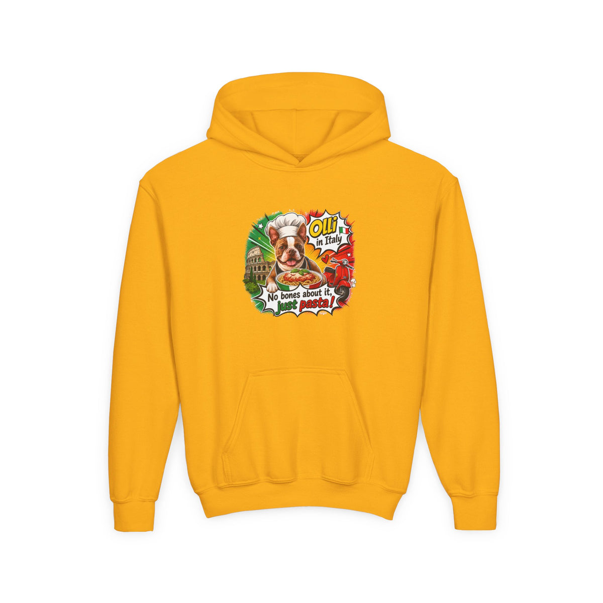 Youth Hoodie — "Olli from Italy" Boston Terrier Christmas Holiday Sweatshirt