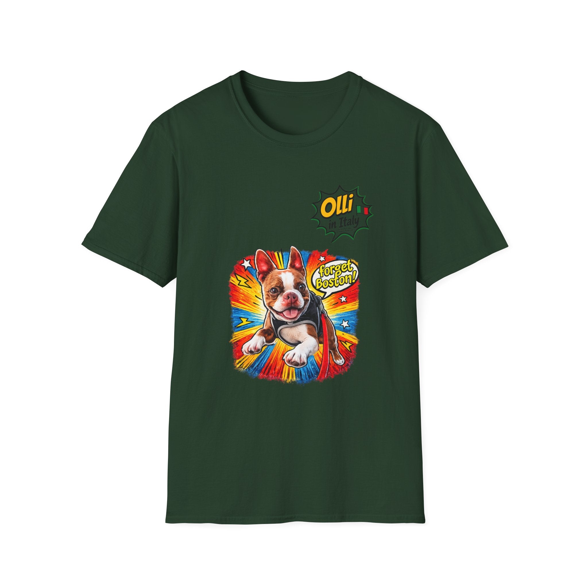 Olli in Italy "Forget Boston" Graphic T-Shirt — Colorful Dog Pop Art Tee
