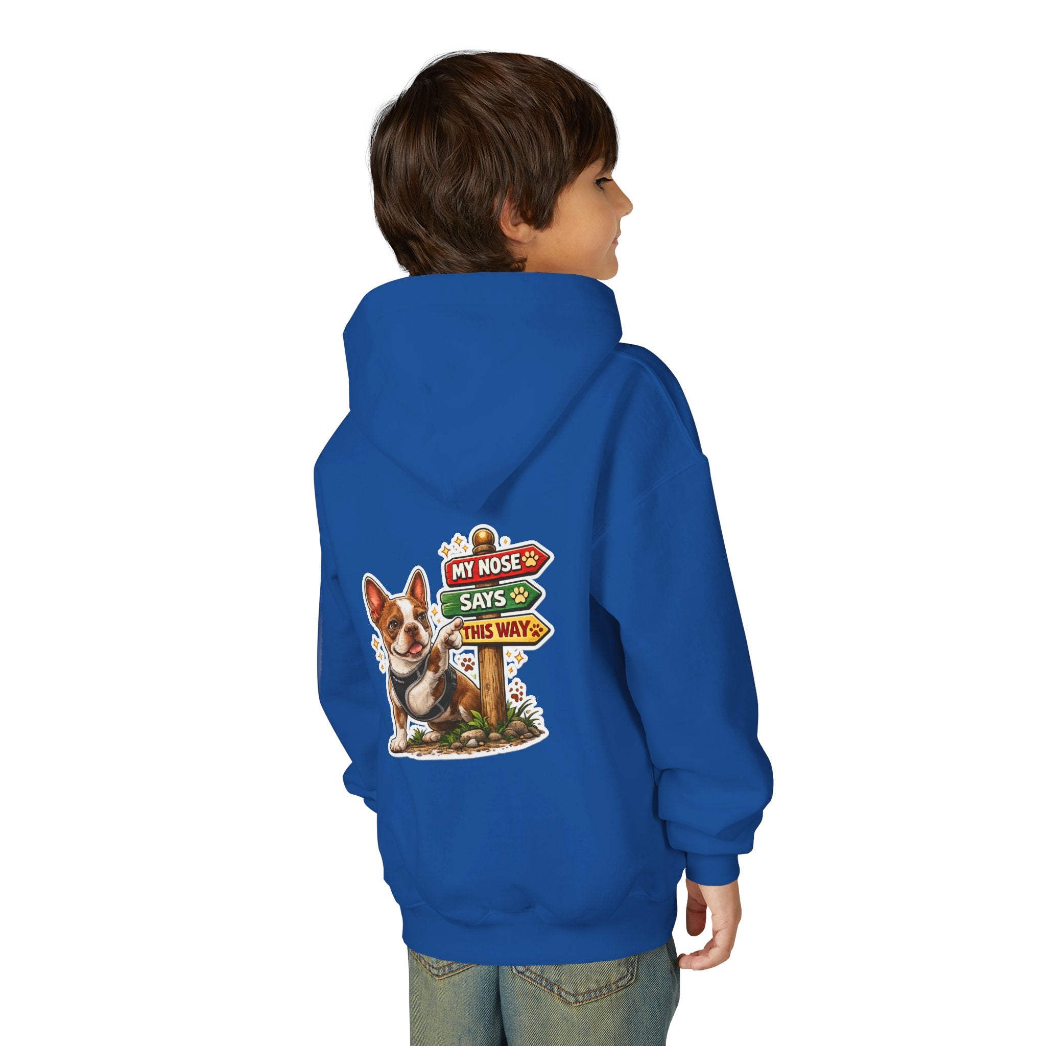 Olli the Boston Terrier in Italy Hoodie — "My Nose Says This Way" Youth Pullover