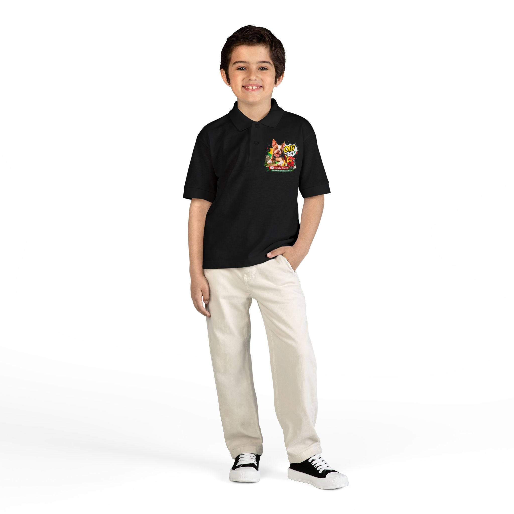Olli the Boston Terrier In Italy DryBlend® Youth Jersey Polo