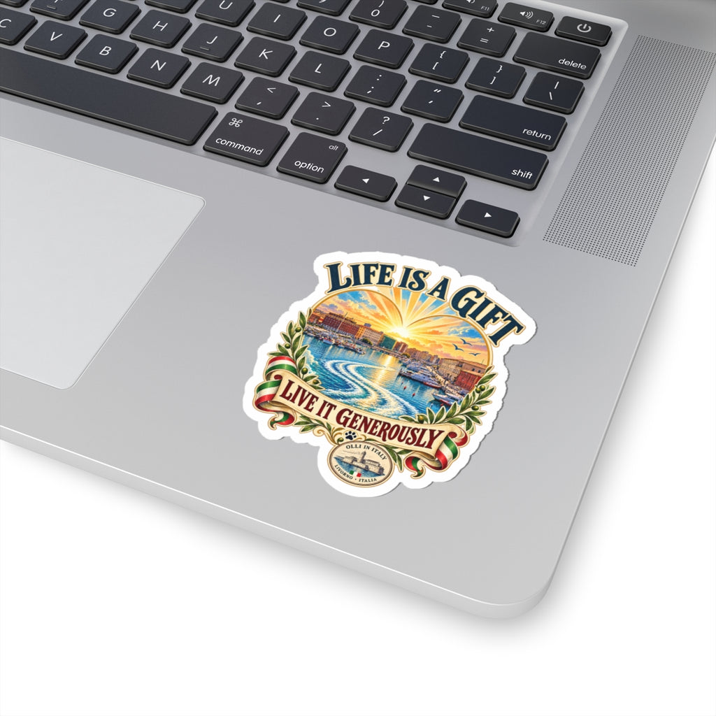 Life Is a Gift Sticker — Scenic Inspirational Kiss-Cut Sticker ("Live It Generously")