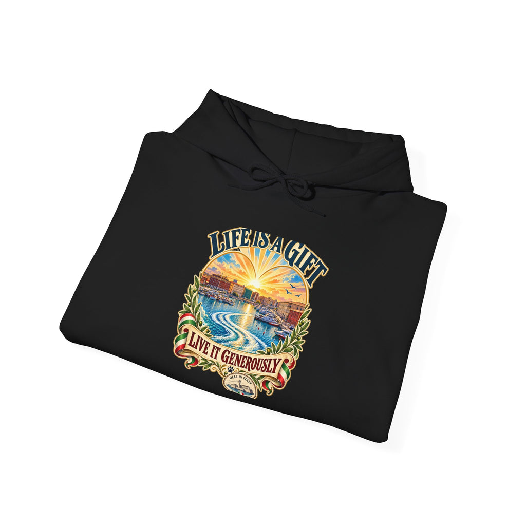 Life Is a Gift Hoodie — Sunset Ocean Graphic with “Live It Generously” Quote