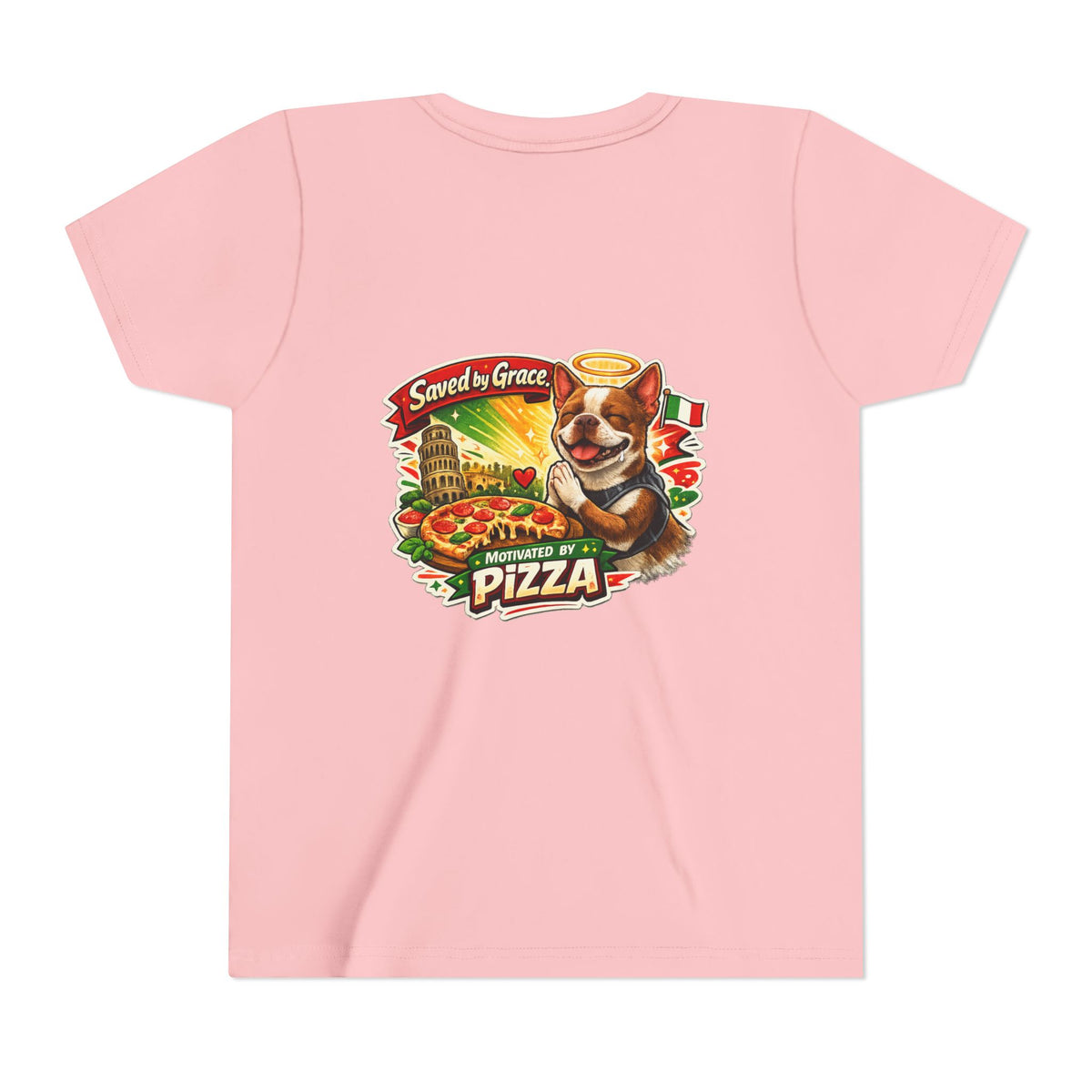 Kids' Pizza Olli the Boston Terrier Tee — "Saved by Grace" Funny Italian Pizza Youth Shirt