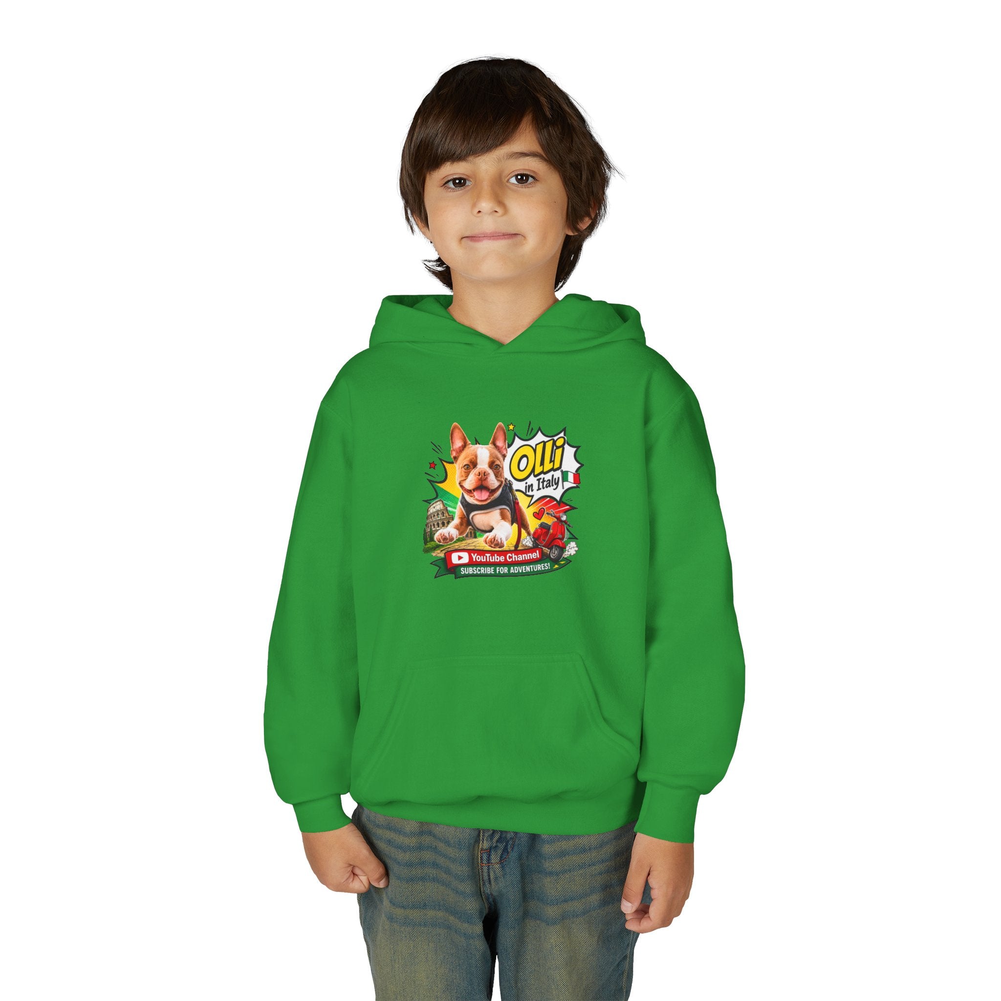 Olli the Boston Terrier in Italy Hoodie — "My Nose Says This Way" Youth Pullover
