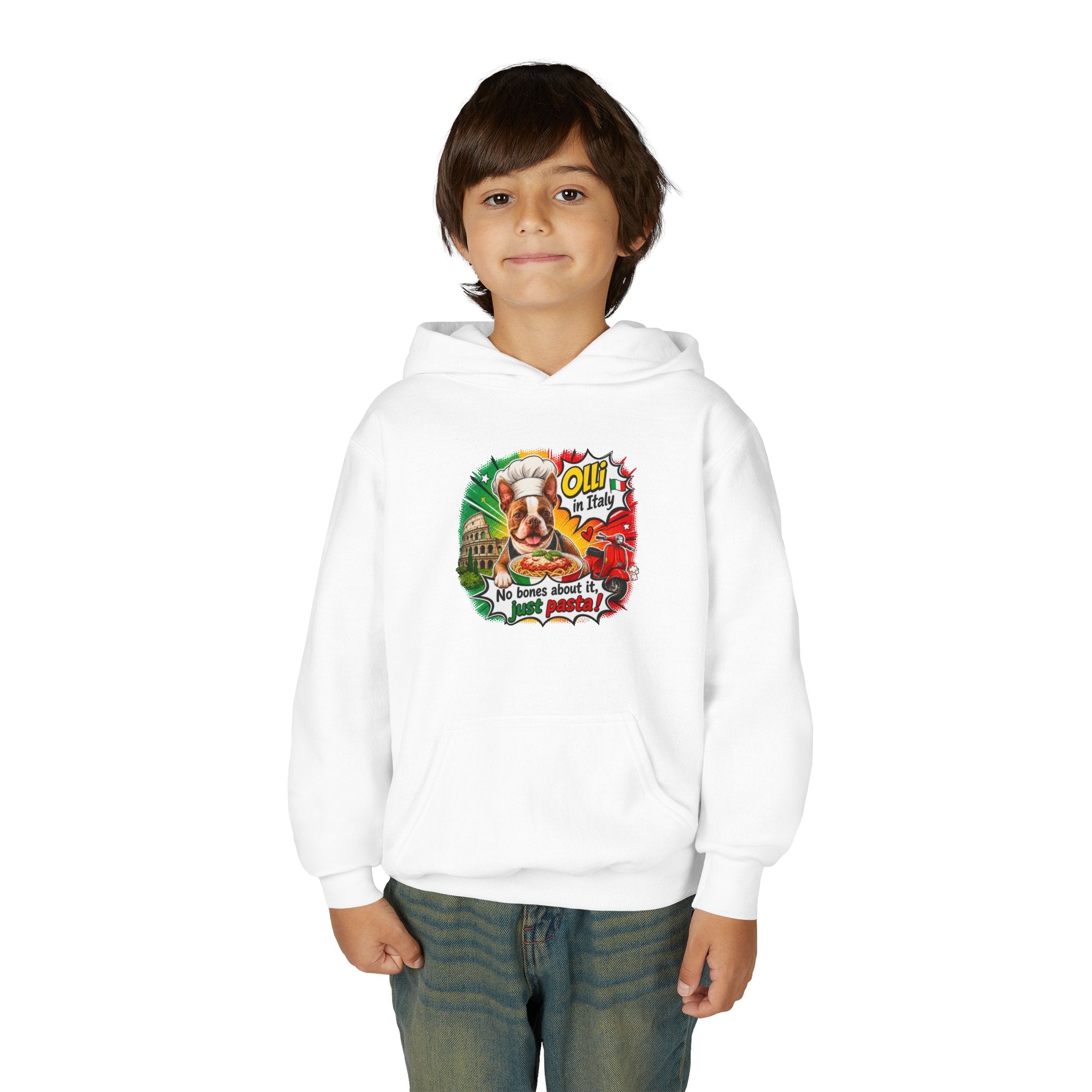 Youth Hoodie — "Olli in Italy" Boston Terrier Sweatshirt