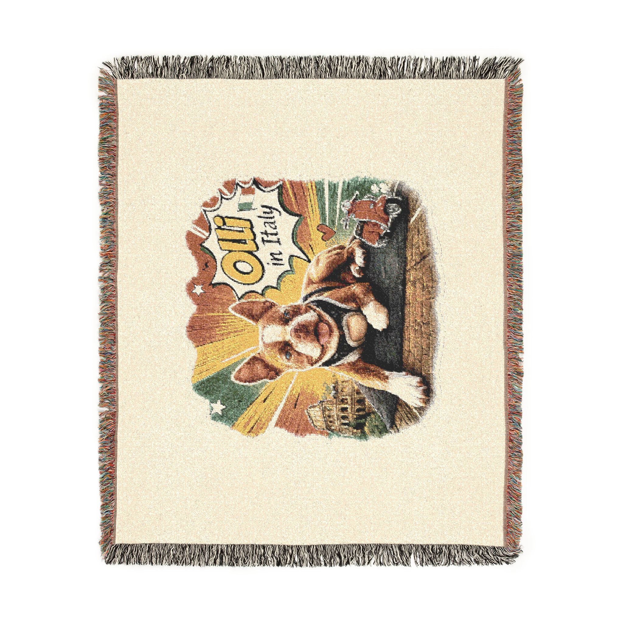 Olli in Italy dog illustration Woven Blanket | travel retro pet throw