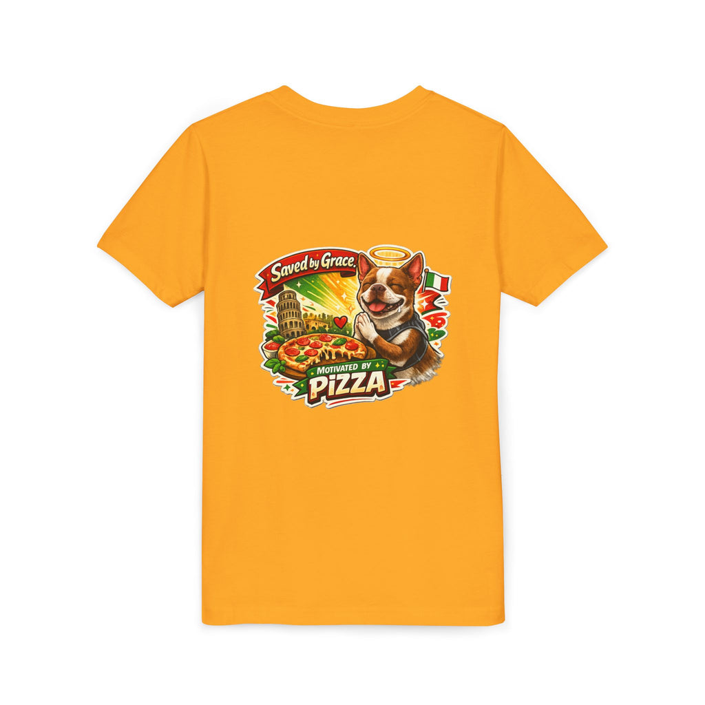 Kids' Pizza Olli the Boston Terrier Tee — "Saved by Grace" Funny Italian Pizza Youth Shirt