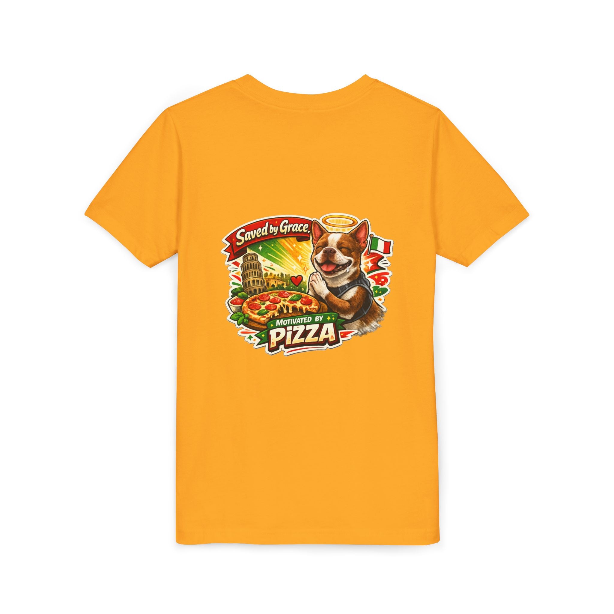 Kids' Pizza Olli the Boston Terrier in Italy Tee — "Saved by Grace" Funny Italian Pizza Youth Shirt