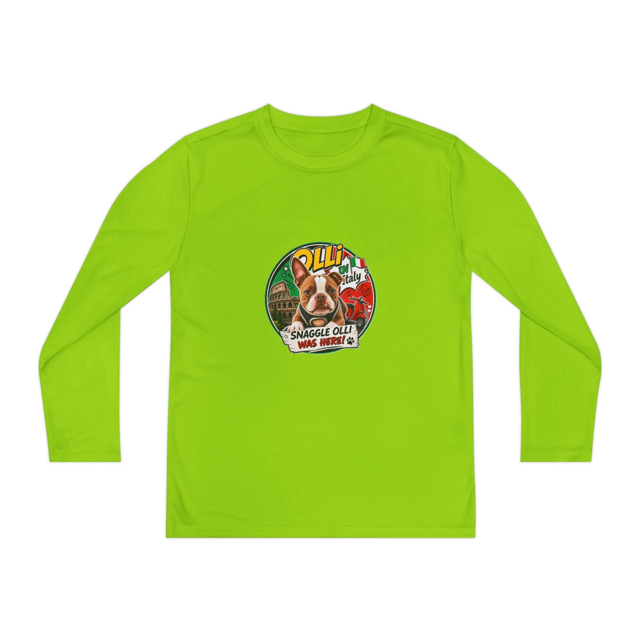 Olli the Boston Terrier in Italy Youth Long Sleeve Tee — "Olli" Surf Rescue Graphic