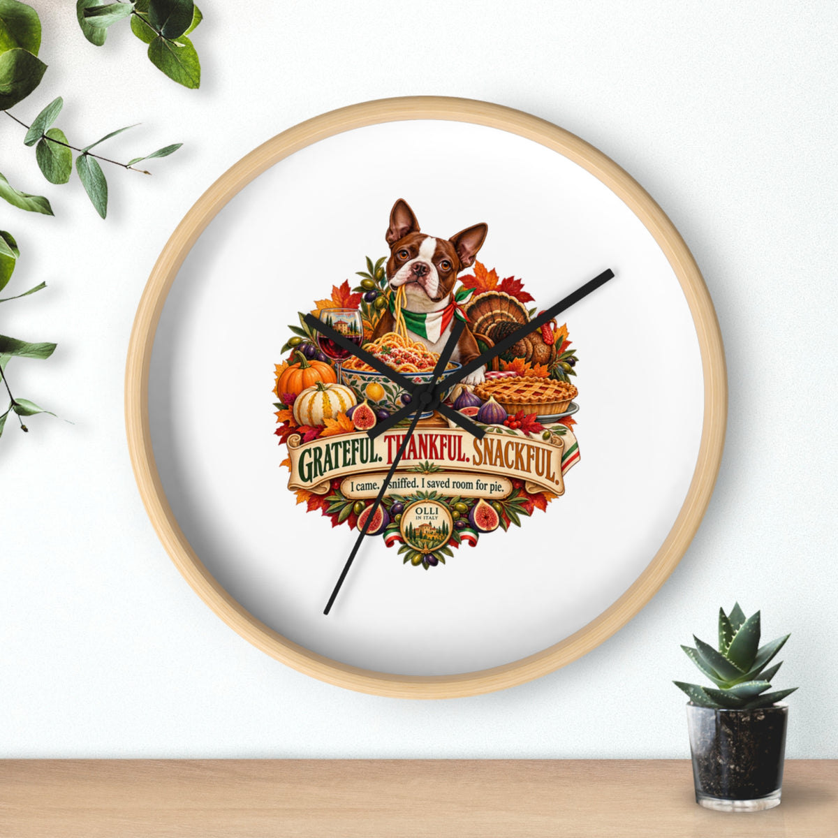 Thankful Pup Thanksgiving Wall Clock — Autumn Harvest Dog Decor