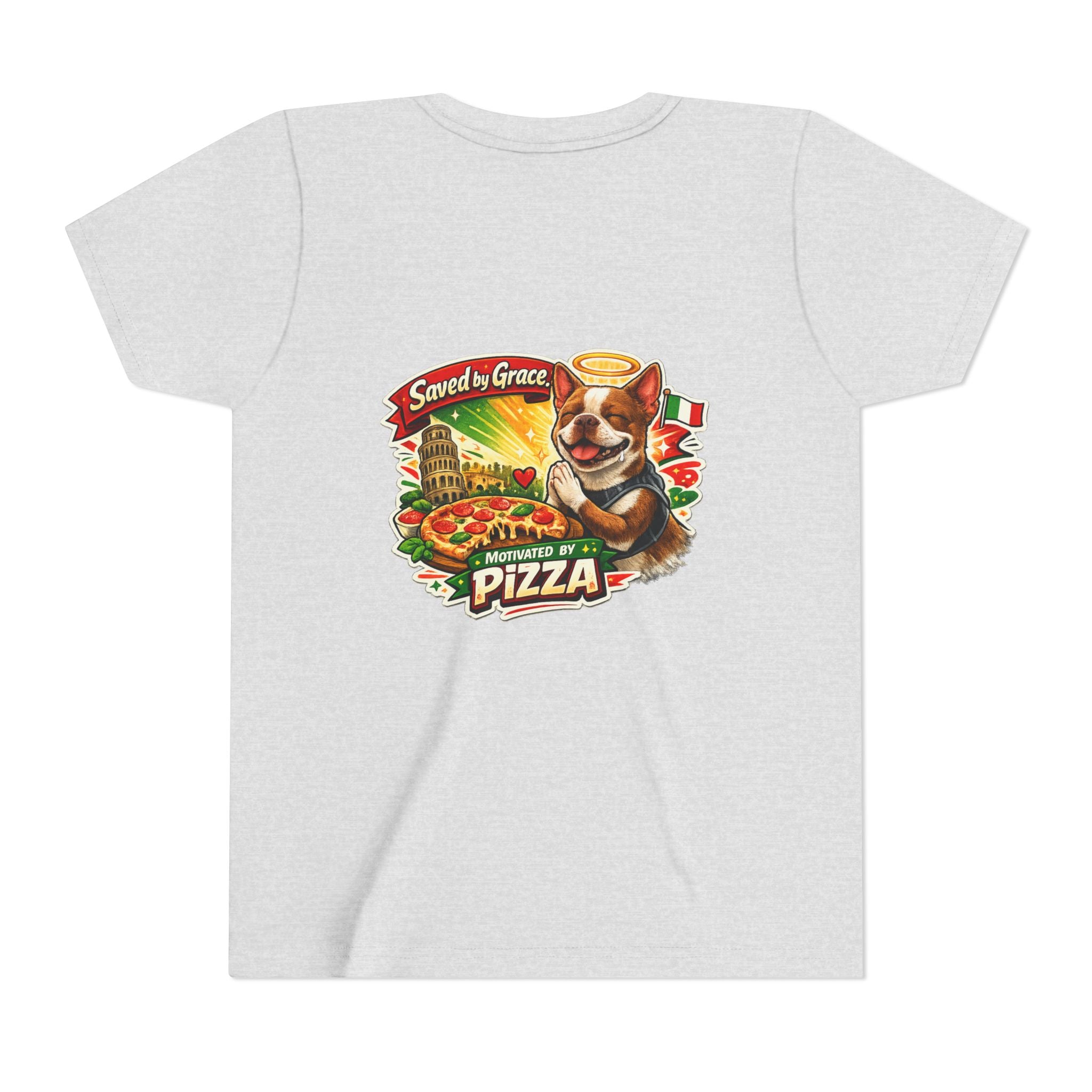 Kids' Pizza Olli the Boston Terrier Tee — "Saved by Grace" Funny Italian Pizza Youth Shirt