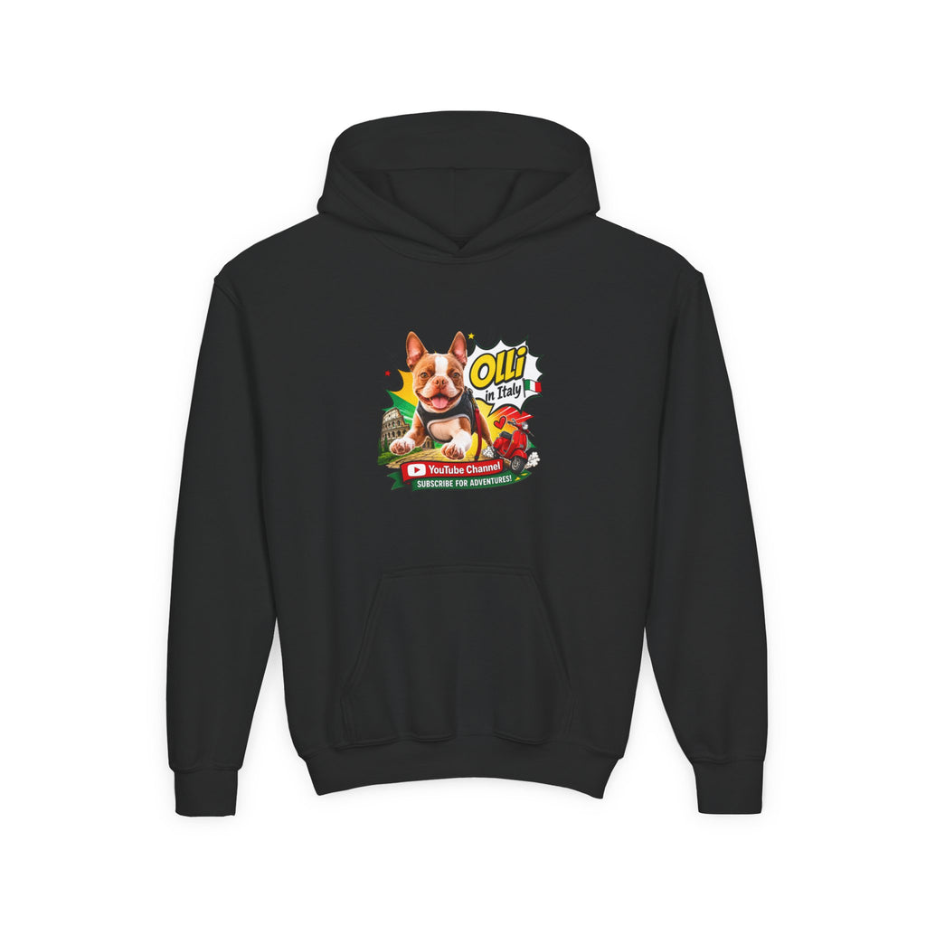 Olli the Boston Terrier in Italy Hoodie — "My Nose Says This Way" Youth Pullover