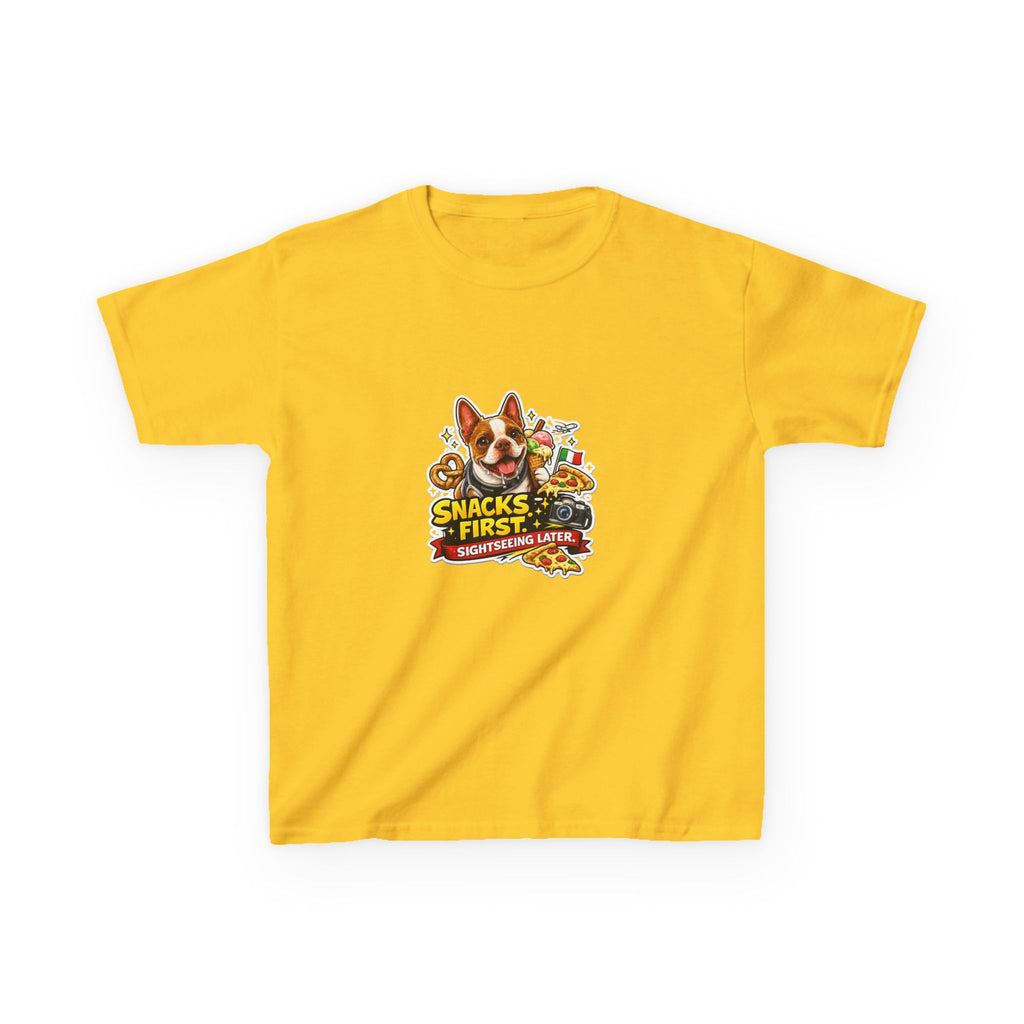 Kids T‑Shirt — "Snacks First" Funny Olli the Boston Terrier Graphic Tee for Children
