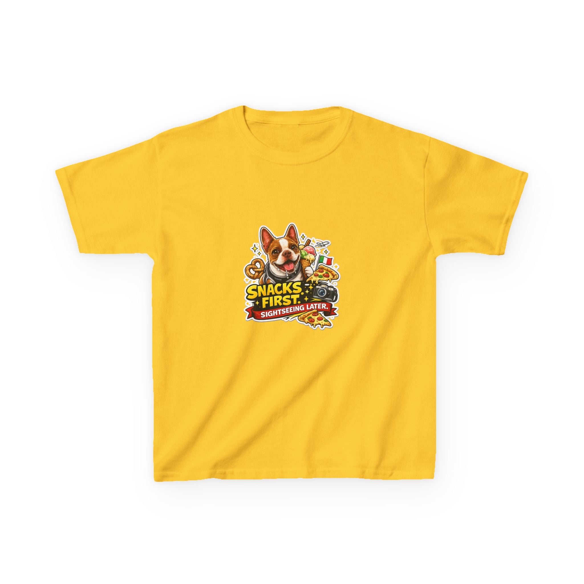 Kids T‑Shirt — "Snacks First" Funny Olli the Boston Terrier Graphic Tee for Children
