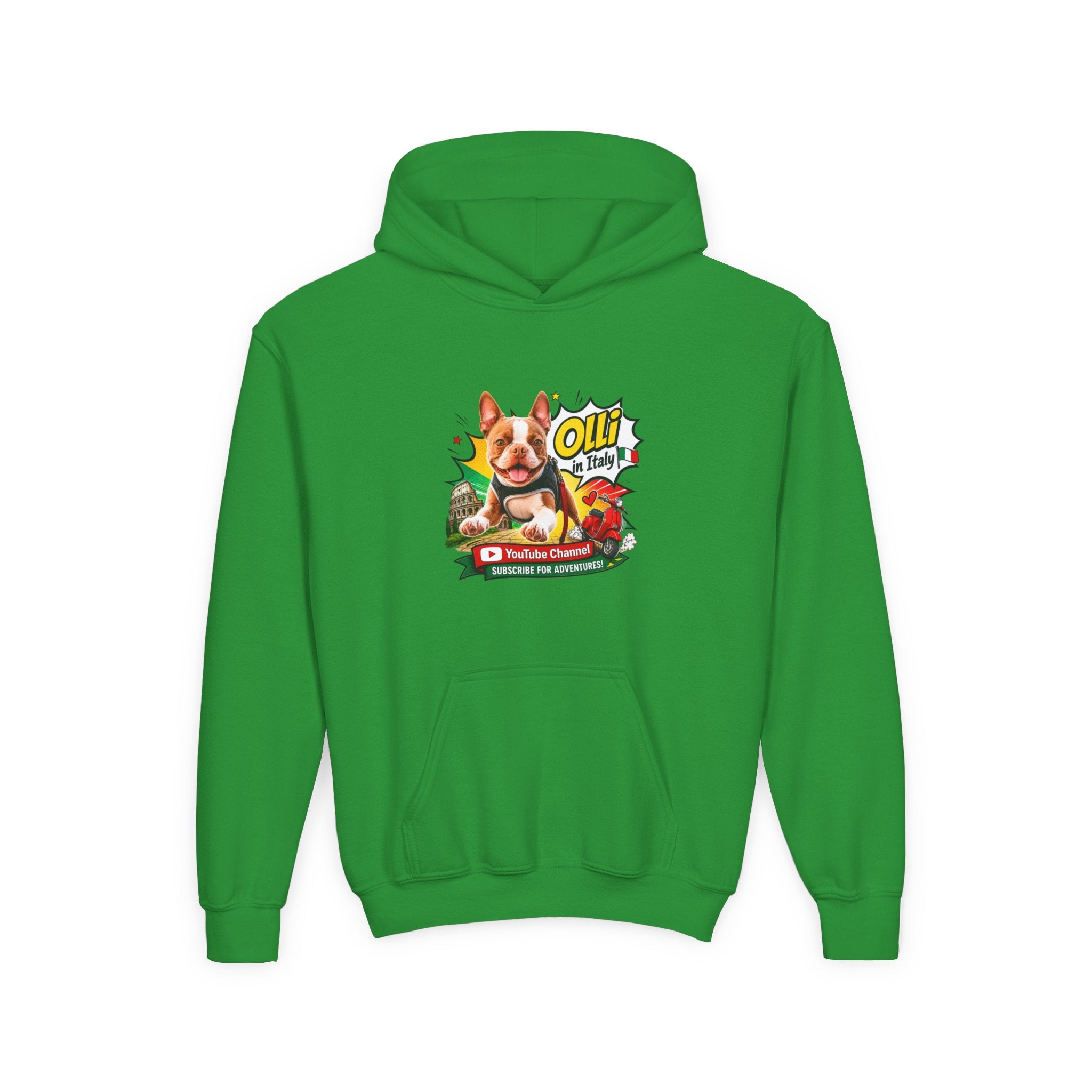 Olli the Boston Terrier in Italy Hoodie — "My Nose Says This Way" Youth Pullover
