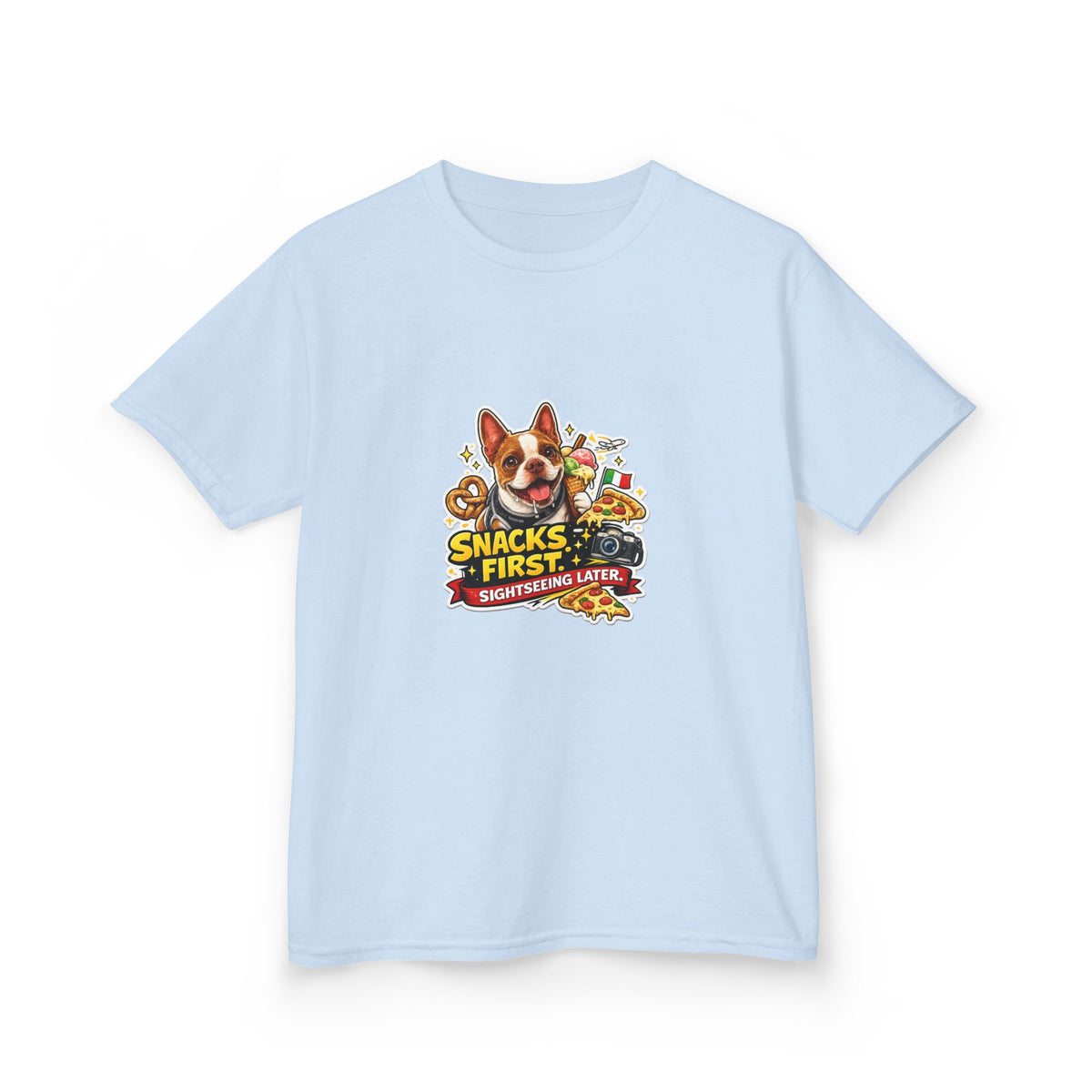 Kids T‑Shirt — "Snacks First" Funny Olli the Boston Terrier Graphic Tee for Children