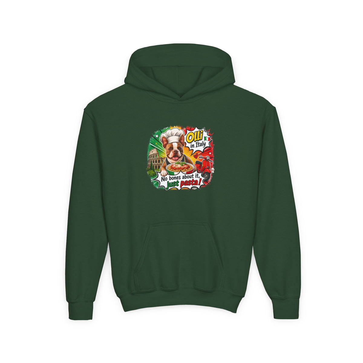 Youth Hoodie — "Olli from Italy" Boston Terrier Christmas Holiday Sweatshirt